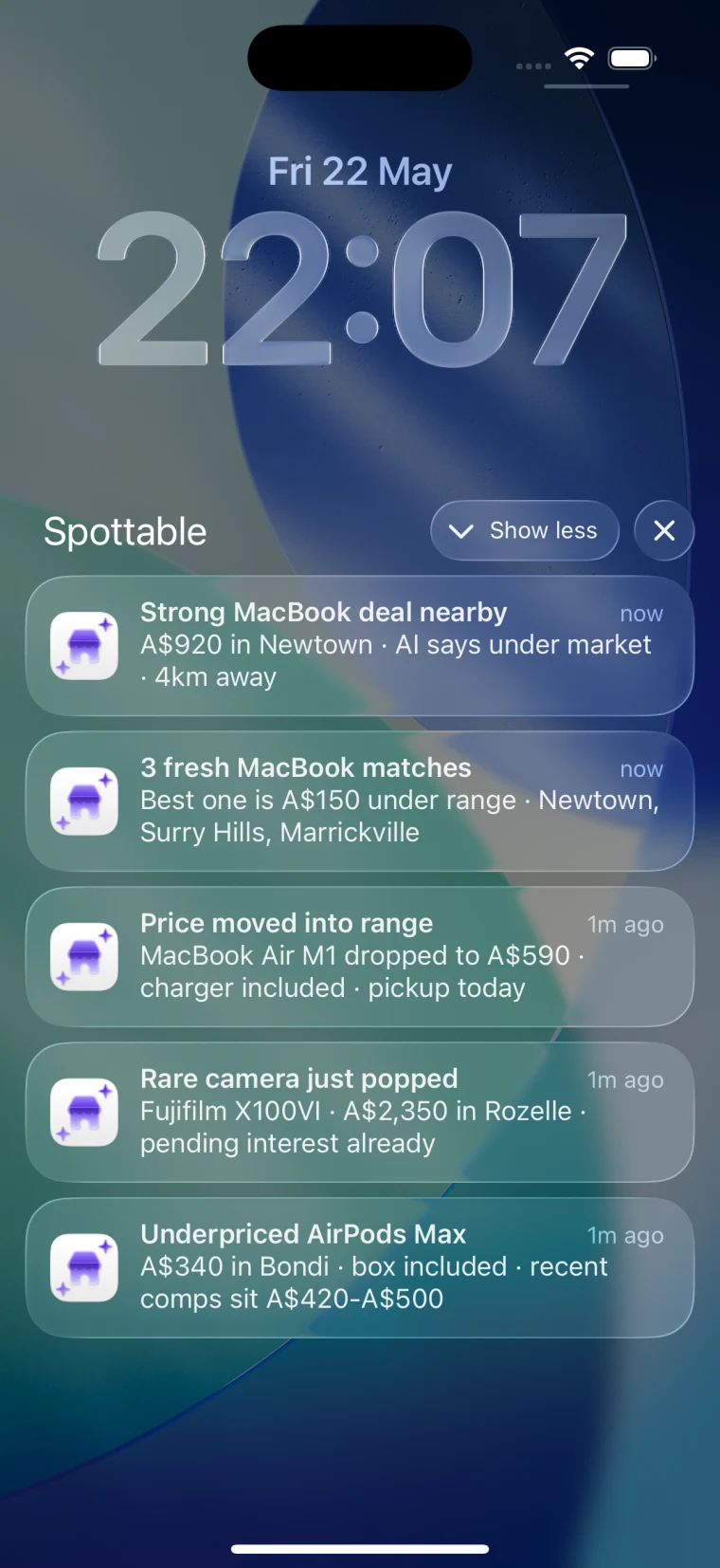 Expanded Spottable notification stack showing multiple Marketplace alerts with price, area, and deal context
