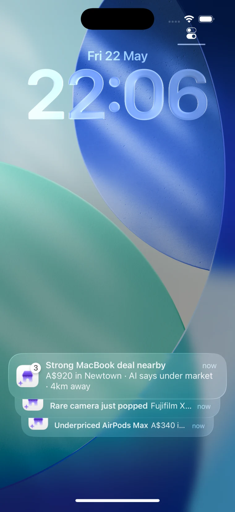 Spottable iPhone lock screen showing grouped Facebook Marketplace alert notifications with price and location context