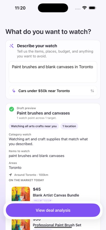 Spottable turning “Paint brushes and blank canvases in Toronto” into a focused Marketplace watch