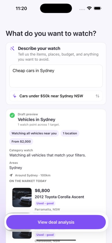 Spottable turning “Cheap cars in Sydney” into a focused Marketplace watch