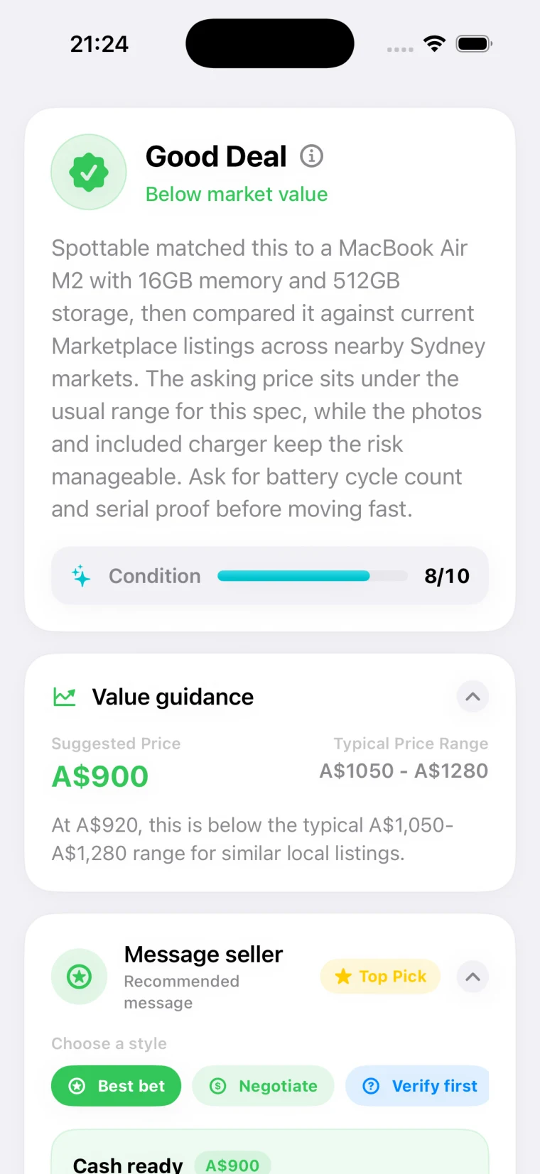 Spottable deal checker UI with AI deal score and listing context