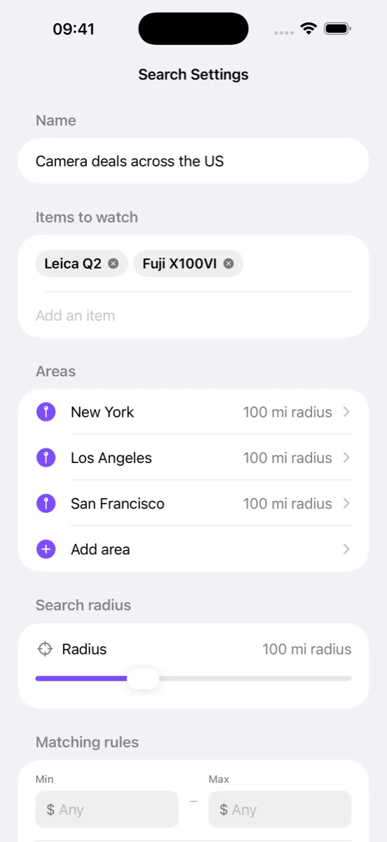 Spottable search settings showing one watch covering New York, Los Angeles and San Francisco
