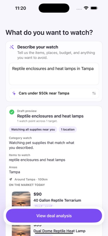 Spottable turning “Reptile enclosures and heat lamps in Tampa” into a focused Marketplace watch